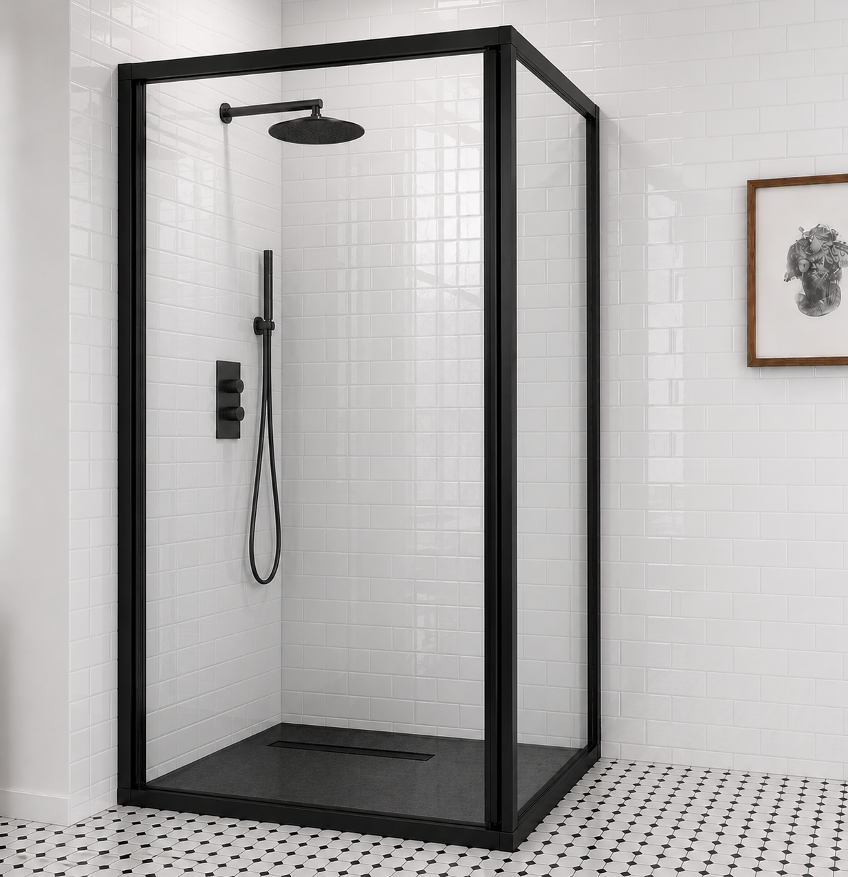 Shower Door Pivot Solid 2 Piece Combo Matt Black 900 x 900 (Height 1950)