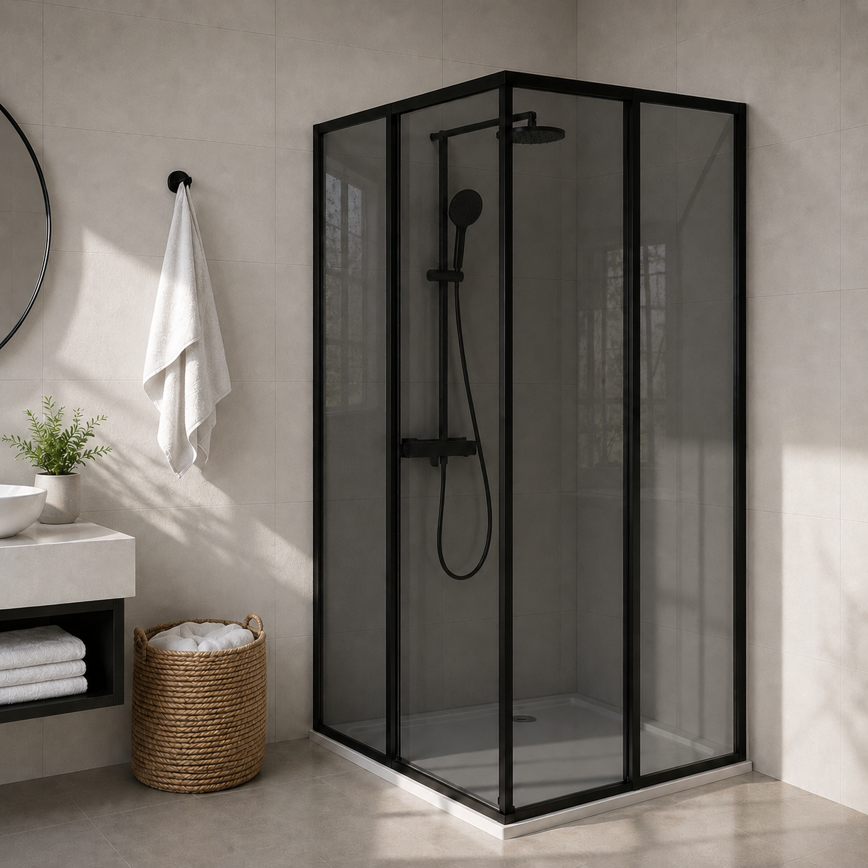 Corner Entry Shower Smoked Glass Matt Black 1100 x 1100 x 1950 (1086-1114)