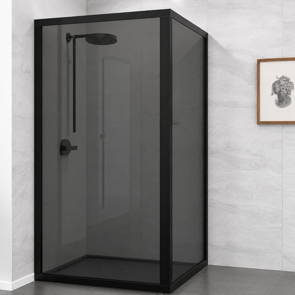 Shower Door Pivot Solid 2 Piece Combo Smoked Matt Black 900 x 900 (H1950)